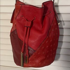 Halston Heritage Red Patchwork Ostrich Pebbled Burgundy Leather Hobo Bucket Bag